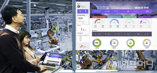 ▲ 에스케이 씨앤씨 관계자가 제조 특화 AI SHE 플랫폼 아이팩츠 SHE를 구현한 화면을 모니터링하고 있다. ⓒ SK C&C
