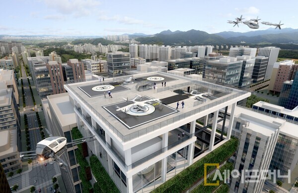 ▲ 현대엘리베이터가 공개한 수직 격납형 버티포트인 H-PORT 이착륙장. ⓒ 현대엘리베이터