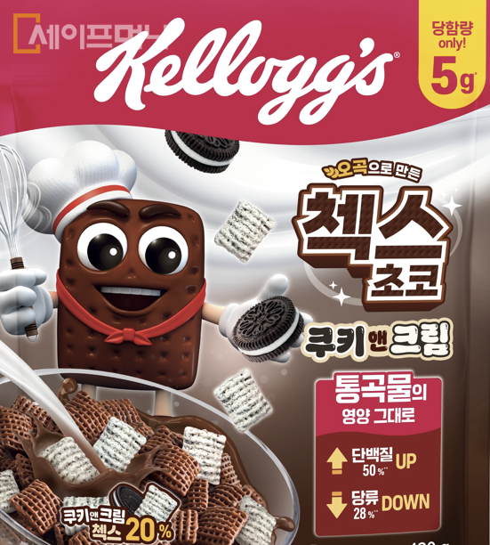 ▲ 농심켈로그가 단백질은 높이고 당류는 낮춰 재출시한 첵스초코 쿠키 앤 크림. ⓒ 농심켈로그