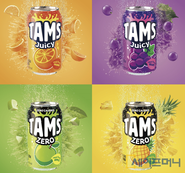 ▲ 롯데칠성음료가 기존 탐스를 맛과 디자인을 리뉴얼해 출시한 탐스 쥬시와 탐스 제로. ⓒ 롯데칠성음료