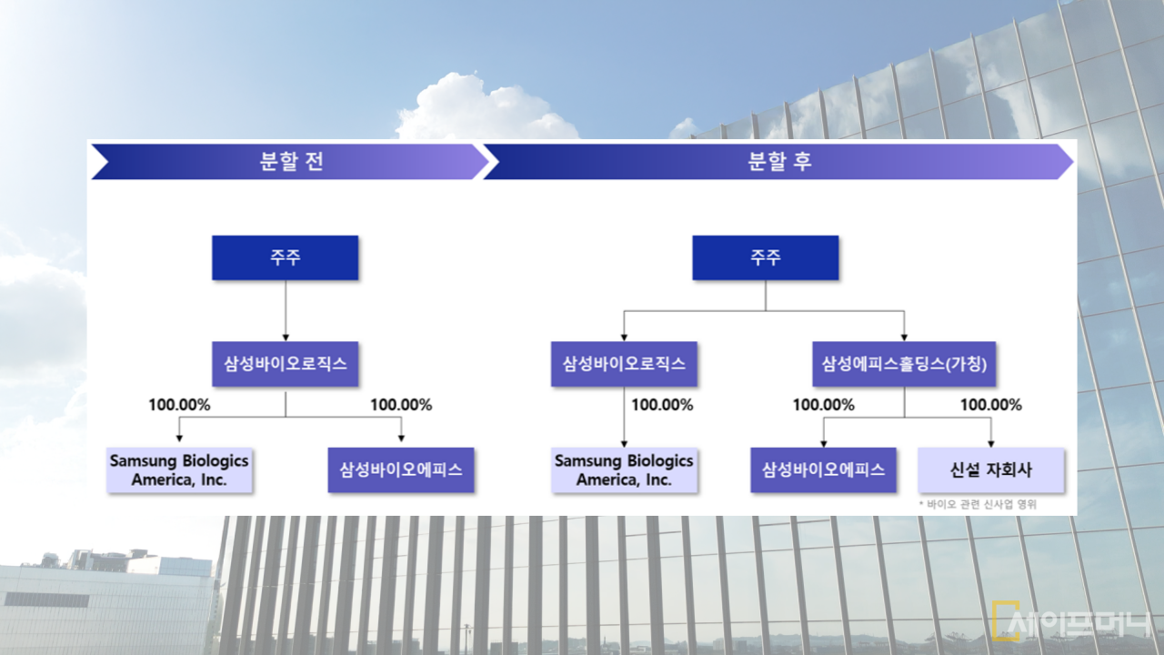 ▲ 삼성바이오로직스 분할 전후 지배구조. ⓒ 삼성바이오로직스