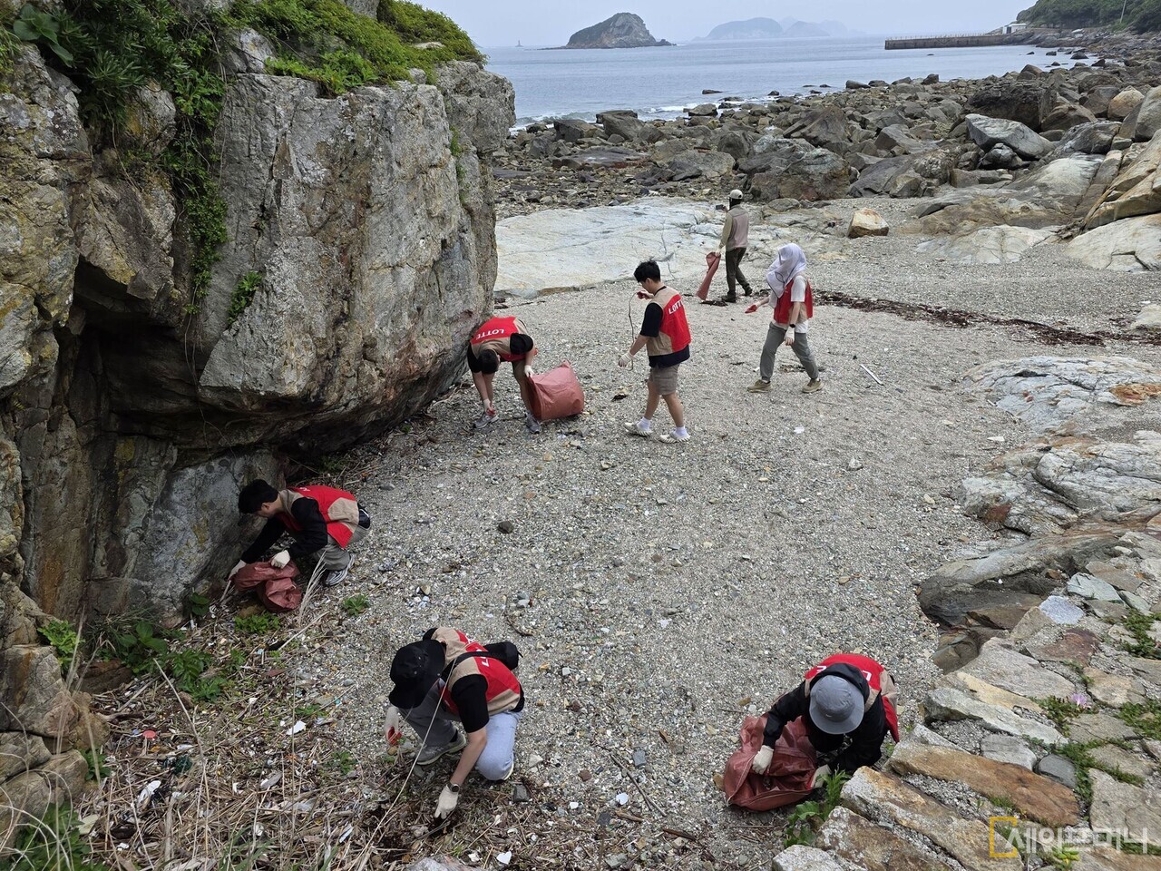 ▲ 롯데칠성음료 임직원들이 해양 쓰레기를 수거하고 있다. ⓒ 롯데칠성음료