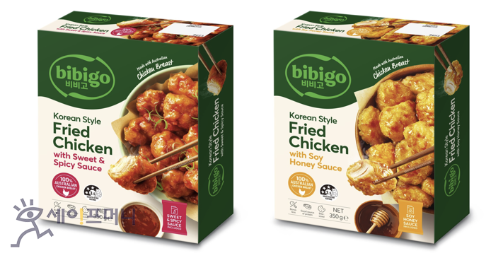 ▲ CJ제일제당이 호주 대형마트 울워스(Woolworths)에 출시한 비비고 코리안 스타일 치킨 2종. ⓒ CJ제일제당