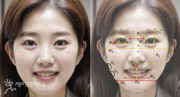 ▲ 안면 특징점 추출 기술 적용 예시(왼쪽)와 얼굴 부위별 노화 지표 정의 예시(오른쪽). ⓒ LG생건