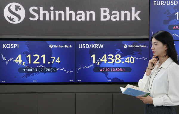 ▲ 전 거래일 대비 2.37% 내린 코스피 지수가 4일 신한은행 딜링룸 전광판에 표시되고 있다. ⓒ 신한은행